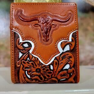 Longhorn Texas Mens wallet Western GENUINE LEATHER Lasercut Wallet Tan & Beige